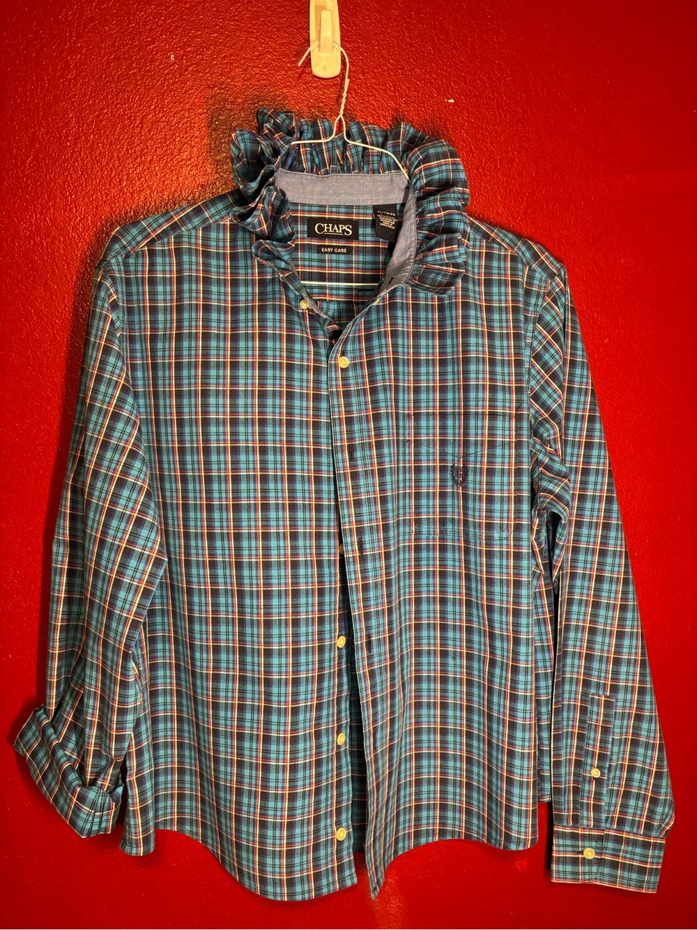 Upcycled/Reloved Chaps Blue Plaid Ruffled Collar Shirt